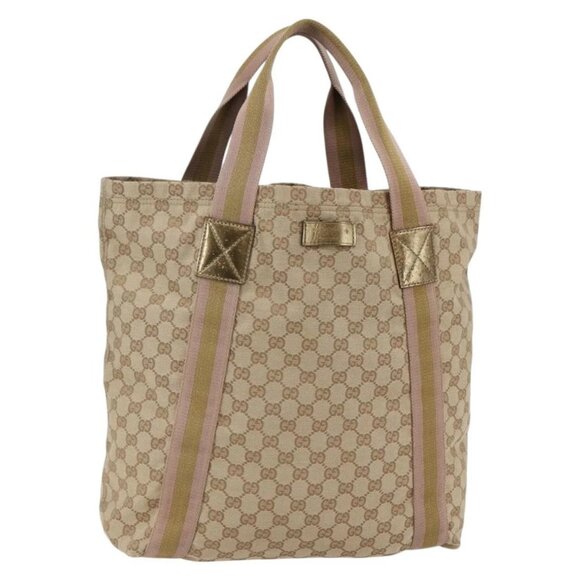 GUCCI GG Canvas Sherry Line Tote Bag Beige Gold pink